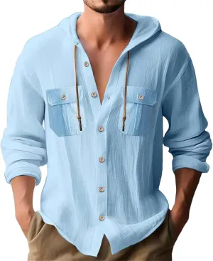 Cotton Linen Shirts for Mens Stylish Summer Beach Hippie Hoodies Lightweight UPF 50  Fishing Shirt Hooded Sweatshirts