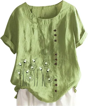 Cotton Linen T Shirts for Women Cute Graphic Printed Tops Round Neck Short Sleeve Shirts Basic Tee Tops Blouse