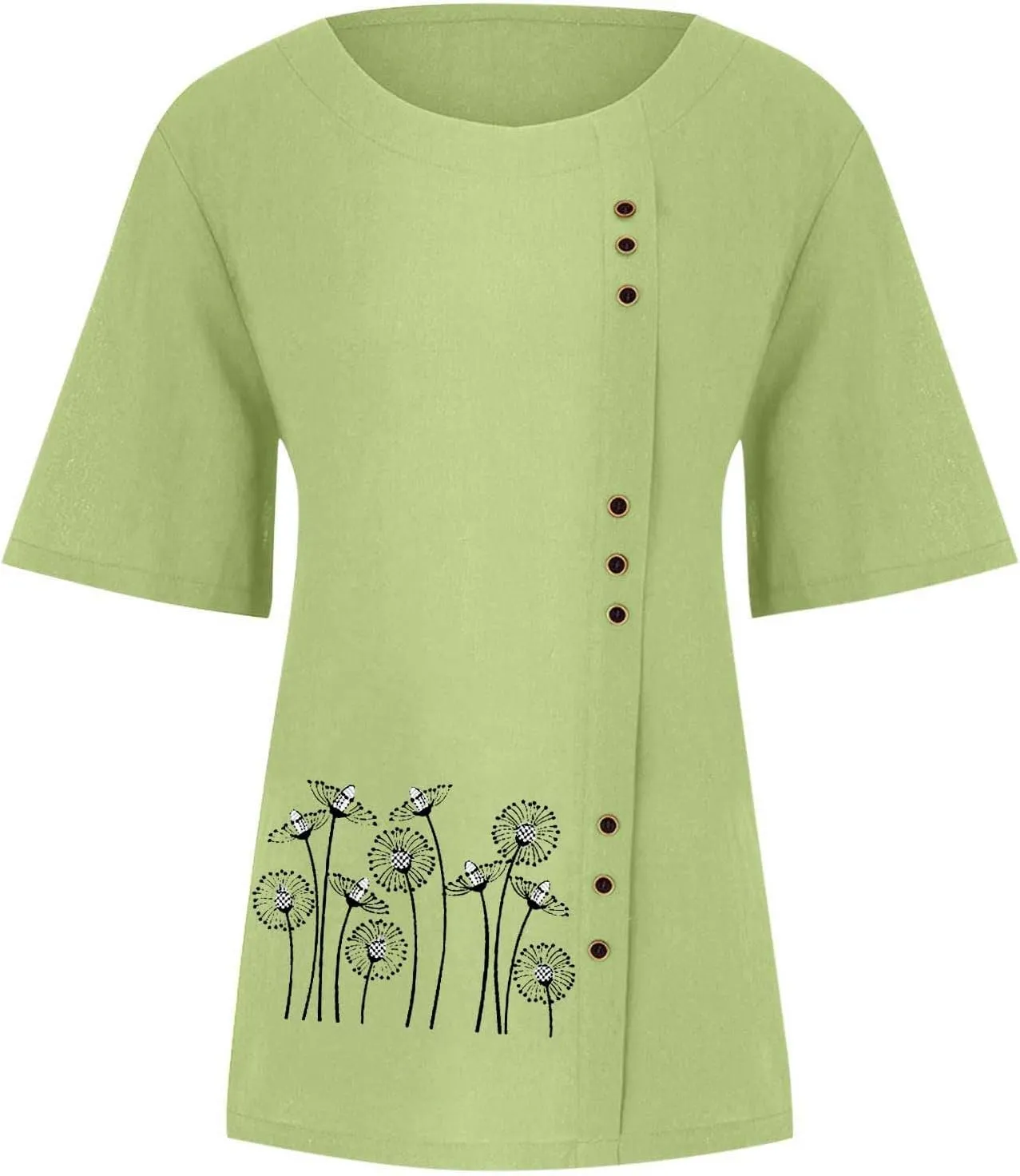 Cotton Linen T Shirts for Women Cute Graphic Printed Tops Round Neck Short Sleeve Shirts Basic Tee Tops Blouse