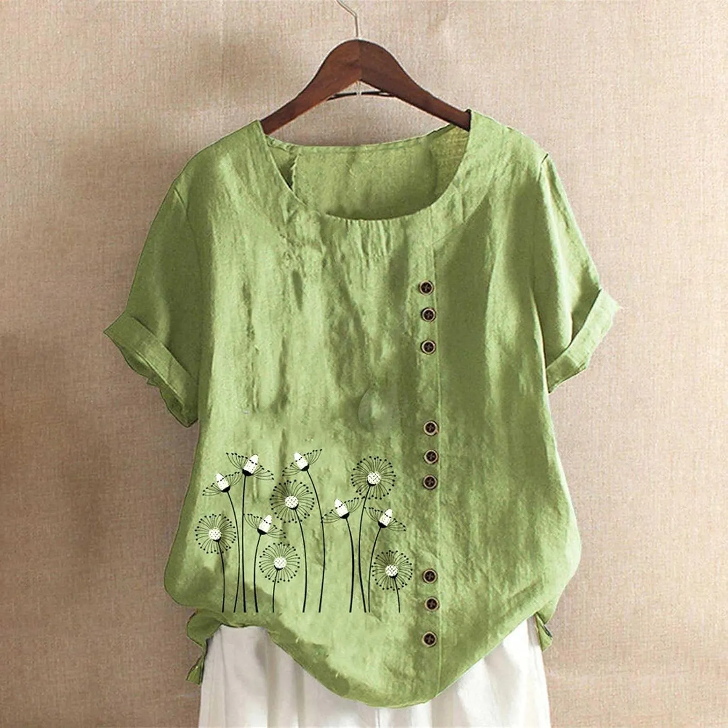 Cotton Linen T Shirts for Women Cute Graphic Printed Tops Round Neck Short Sleeve Shirts Basic Tee Tops Blouse