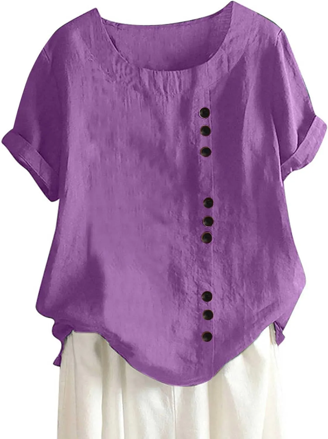 Cotton Linen Tops for Women Causal Short Sleeve Buttons Shirts Loose Fit Solid Crewneck Blouse 2025 Summer Clothes