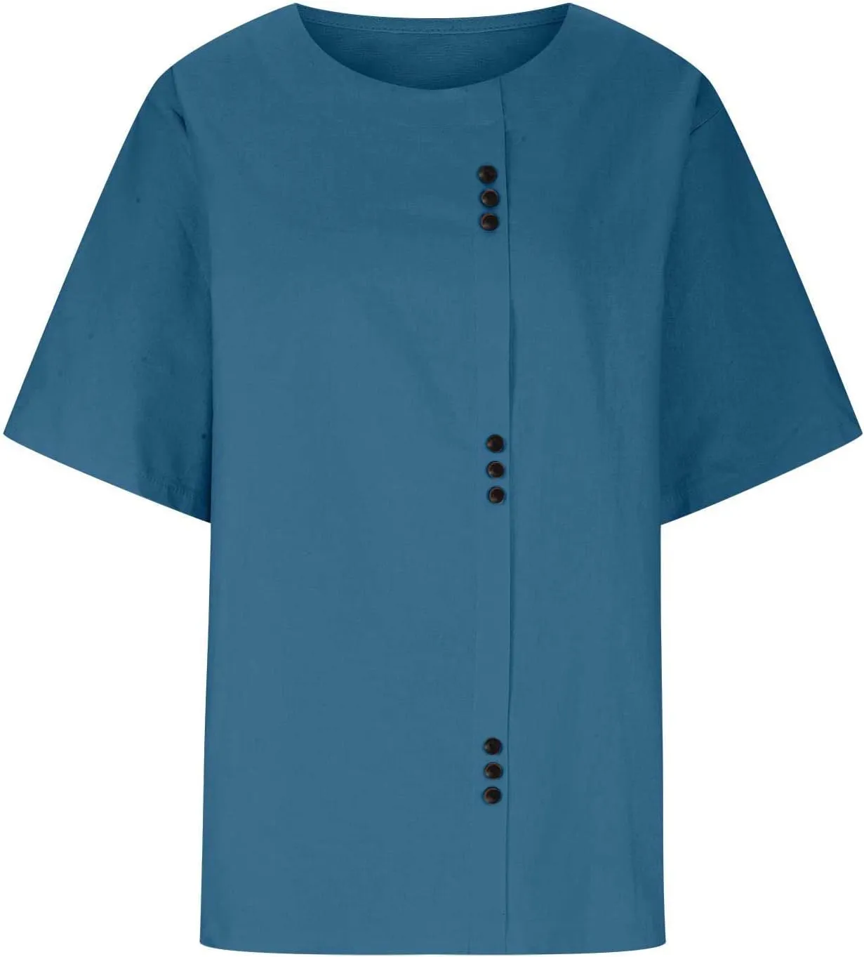 Cotton Linen Tops for Women Causal Short Sleeve Buttons Shirts Loose Fit Solid Crewneck Blouse 2025 Summer Clothes