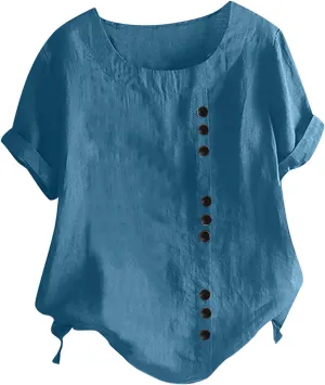 Cotton Linen Tops for Women Causal Short Sleeve Buttons Shirts Loose Fit Solid Crewneck Blouse 2025 Summer Clothes