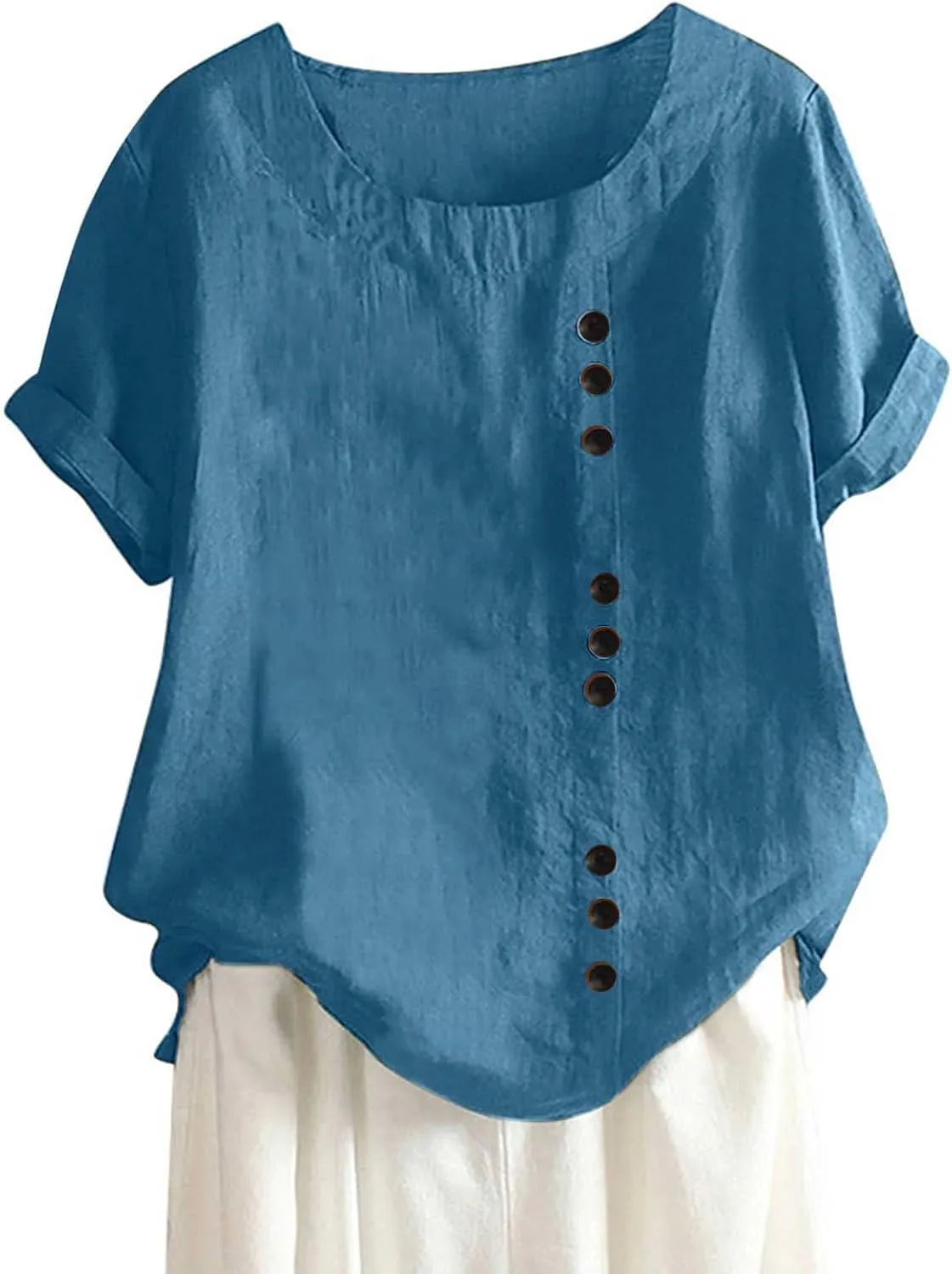 Cotton Linen Tops for Women Causal Short Sleeve Buttons Shirts Loose Fit Solid Crewneck Blouse 2025 Summer Clothes