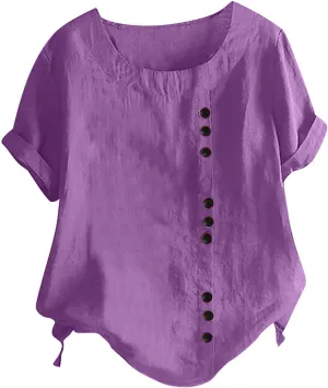 Cotton Linen Tops for Women Causal Short Sleeve Buttons Shirts Loose Fit Solid Crewneck Blouse 2025 Summer Clothes