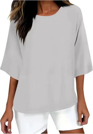 Cotton Linen Tops for Women Solid Color 3/4 Sleeve Round Neck Tunic Blouses Casual Plus Size Loose Fitting Tee Shirt