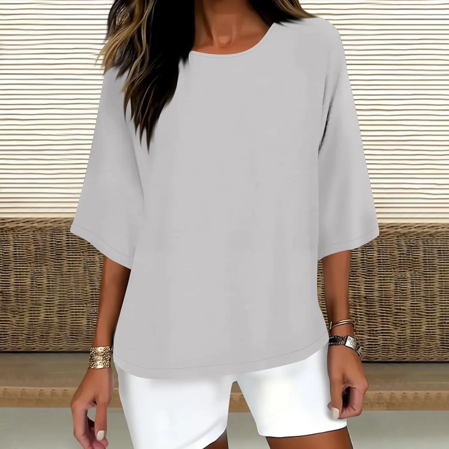 Cotton Linen Tops for Women Solid Color 3/4 Sleeve Round Neck Tunic Blouses Casual Plus Size Loose Fitting Tee Shirt