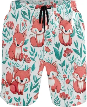 Custom Men Swim Trunks Funny Cute Cartoon Animals Fox Board Shorts Men's Bathing Suit with Liner S
