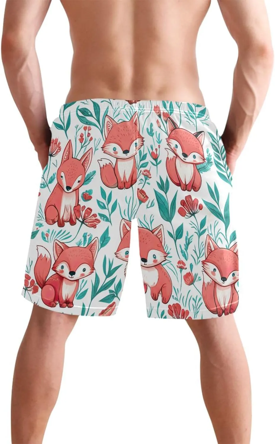 Custom Men Swim Trunks Funny Cute Cartoon Animals Fox Board Shorts Men's Bathing Suit with Liner S