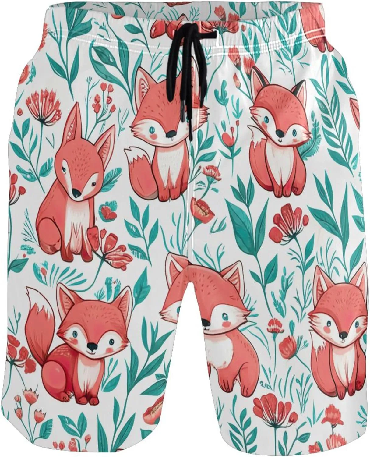 Custom Men Swim Trunks Funny Cute Cartoon Animals Fox Board Shorts Men's Bathing Suit with Liner S
