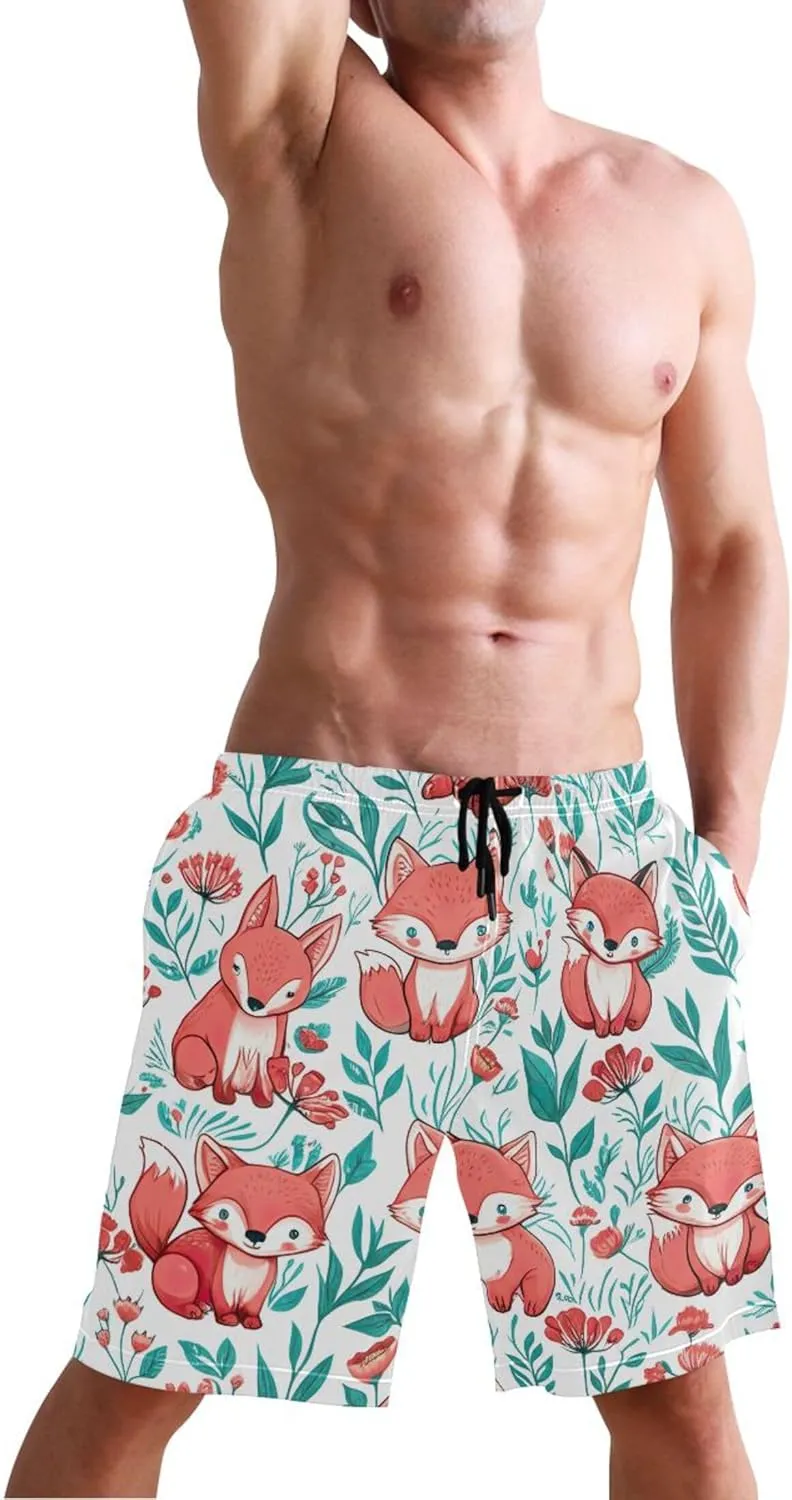 Custom Men Swim Trunks Funny Cute Cartoon Animals Fox Board Shorts Men's Bathing Suit with Liner S