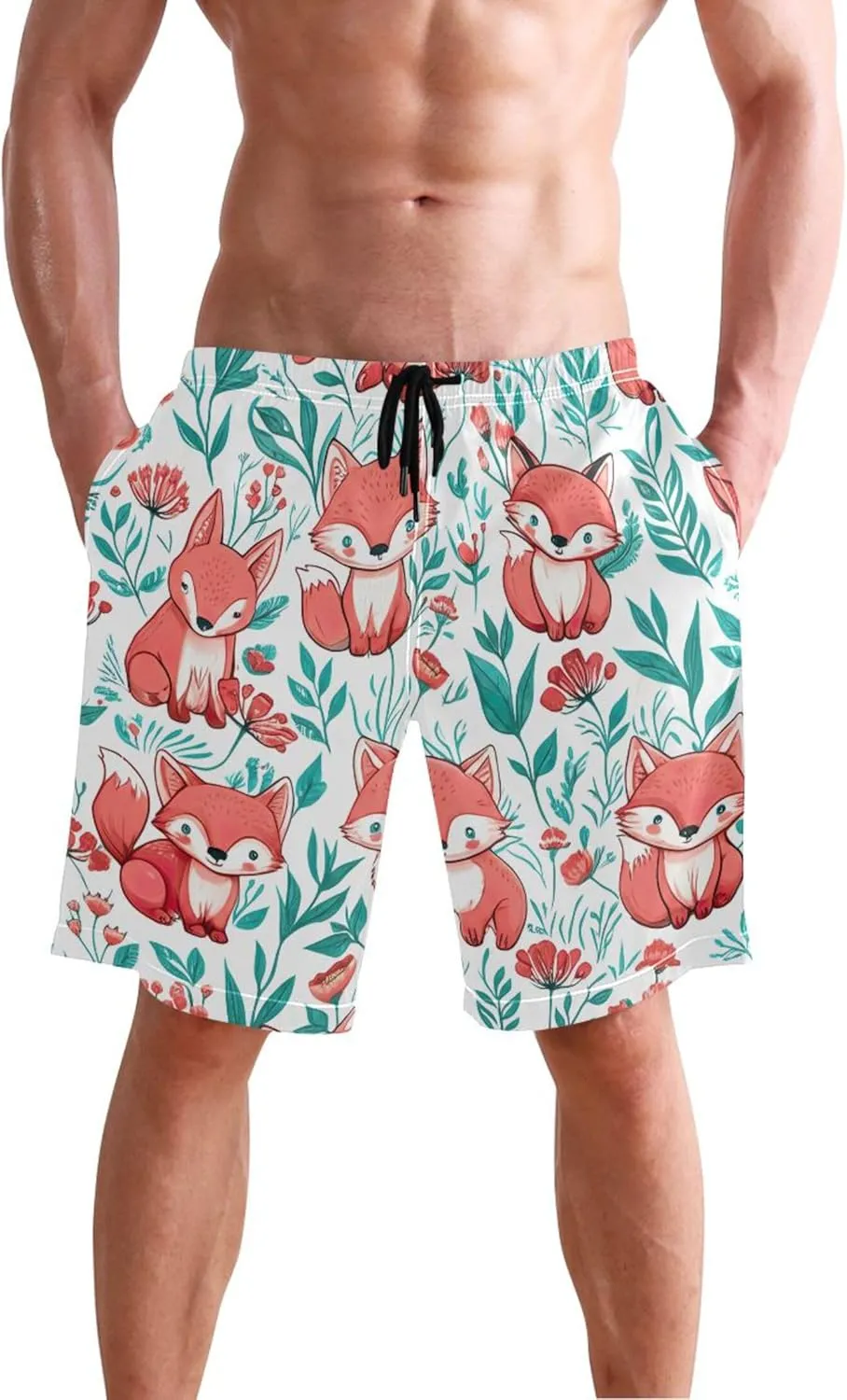 Custom Men Swim Trunks Funny Cute Cartoon Animals Fox Board Shorts Men's Bathing Suit with Liner S