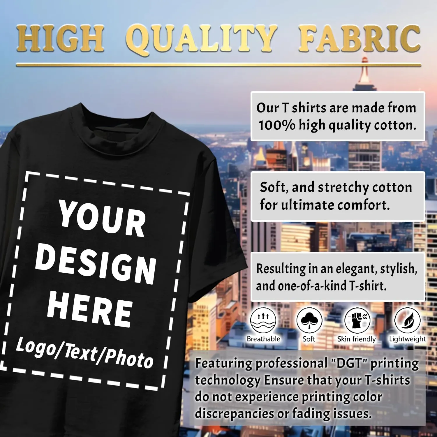Custom T Shirts Bulk for Men Women Made in USA Personalized T Shirts with Logo,Text,Photo Cotton Tee Front/Back