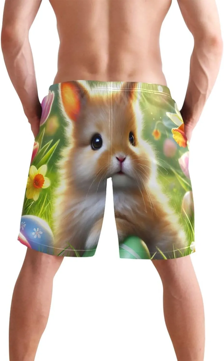 Cute Bunny Green Meadow Mens Shorts Casual Swim Trunks for Men Hawaiian Bathing Suit Swimwear S