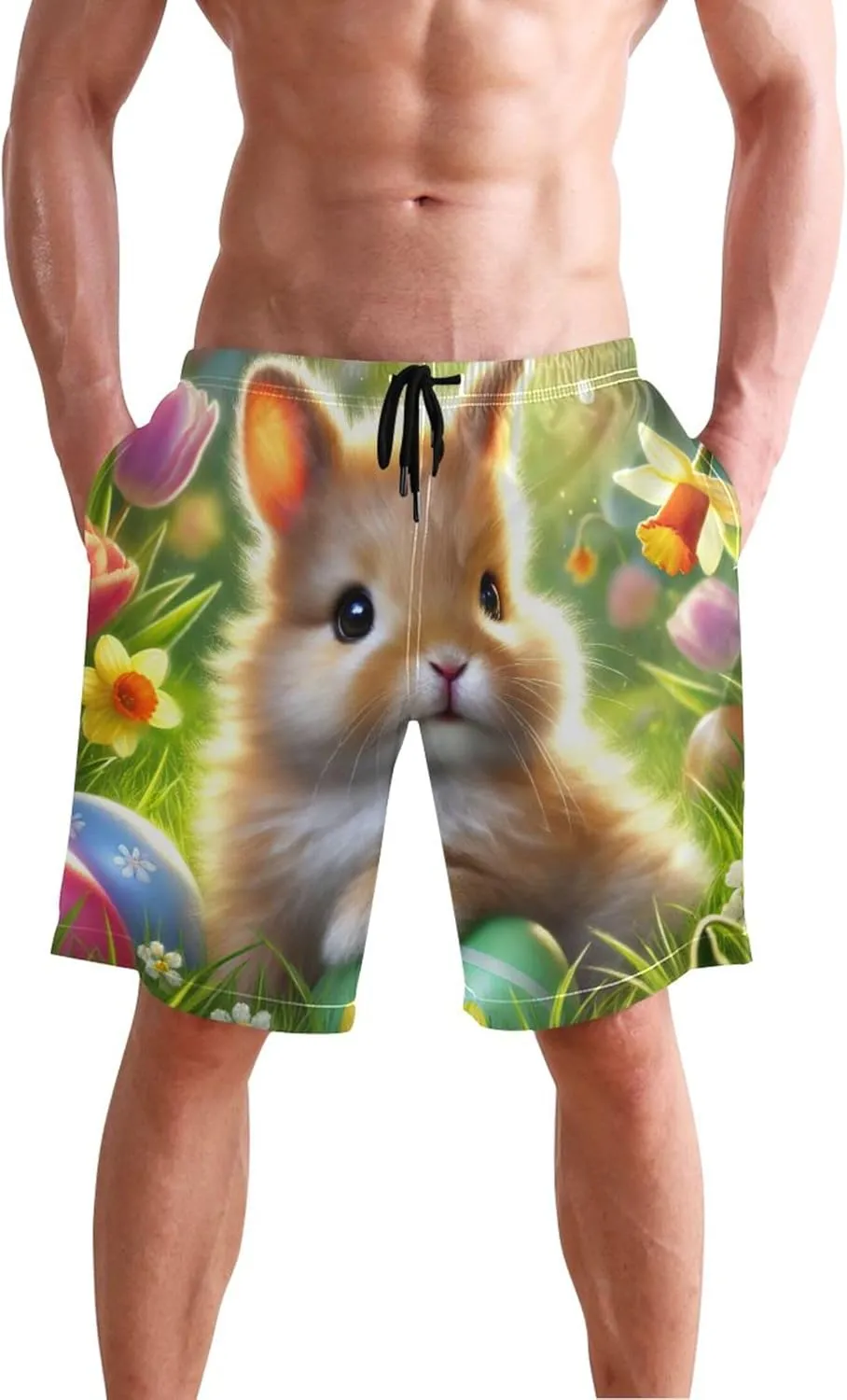 Cute Bunny Green Meadow Mens Shorts Casual Swim Trunks for Men Hawaiian Bathing Suit Swimwear S