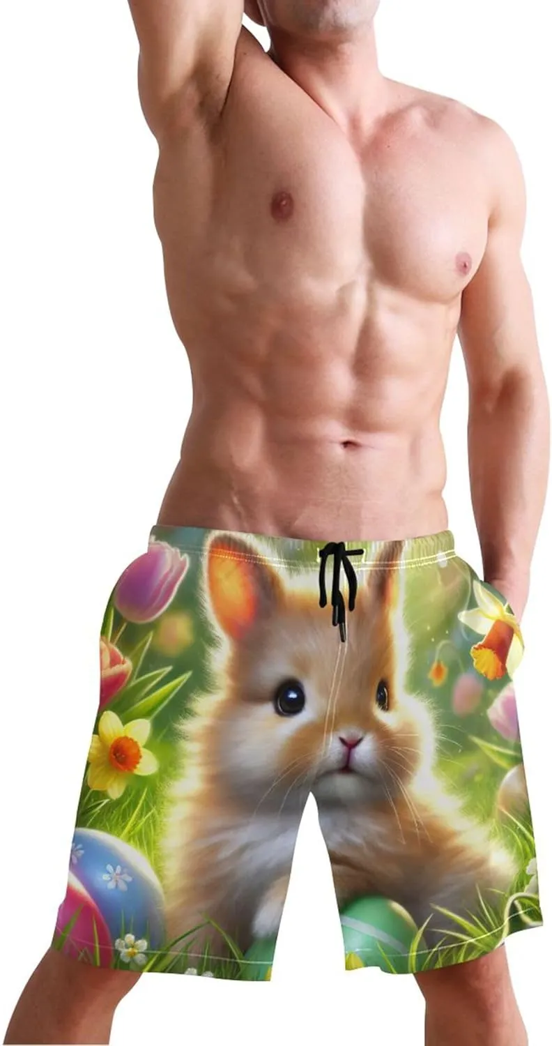 Cute Bunny Green Meadow Mens Shorts Casual Swim Trunks for Men Hawaiian Bathing Suit Swimwear S