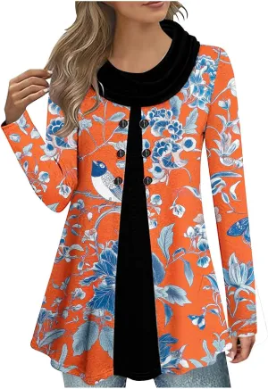 Cute Print Tops for Women Cowl Neck Long Sleeve Tops Casual Trendy Tunic Tops Plus Size Loose Fit Tops Blouse