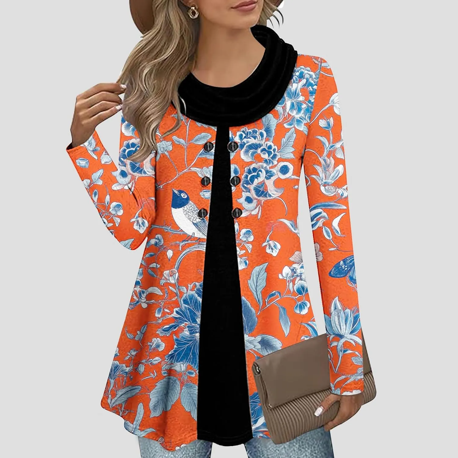 Cute Print Tops for Women Cowl Neck Long Sleeve Tops Casual Trendy Tunic Tops Plus Size Loose Fit Tops Blouse