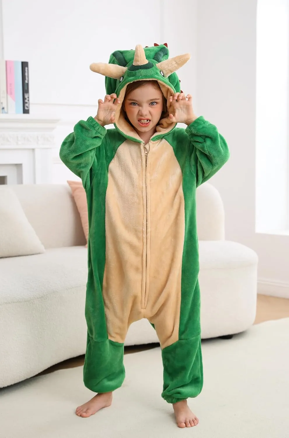 CuteOn Pentaceratops Onesie Kids Animal Pajamas for Girls Boys Halloween Christmas Costume Unisex Cosplay Sleepwear for 4-12Y