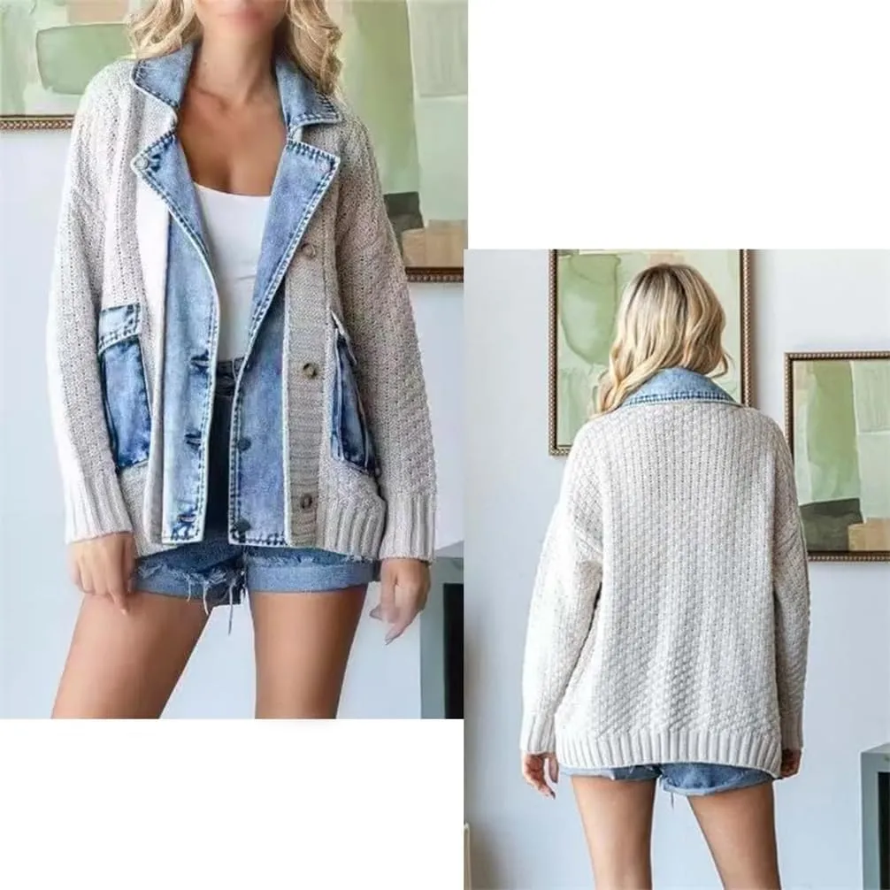 Dearlassie Denim Cardigan, Women's Loose Denim Sweater Knitted Cardigan, Chunky Knit with Pockets