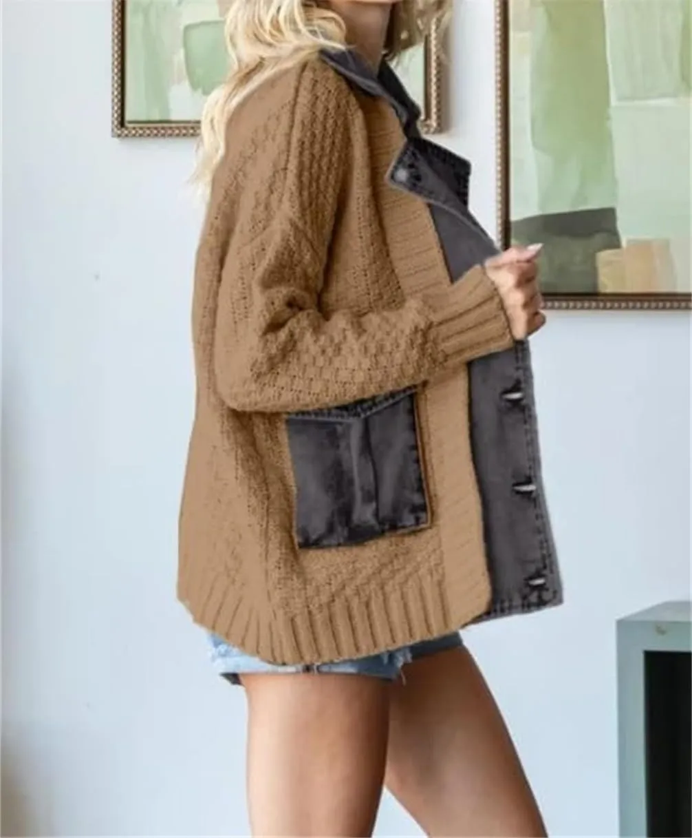Dearlassie Denim Cardigan, Women's Loose Denim Sweater Knitted Cardigan, Chunky Knit with Pockets