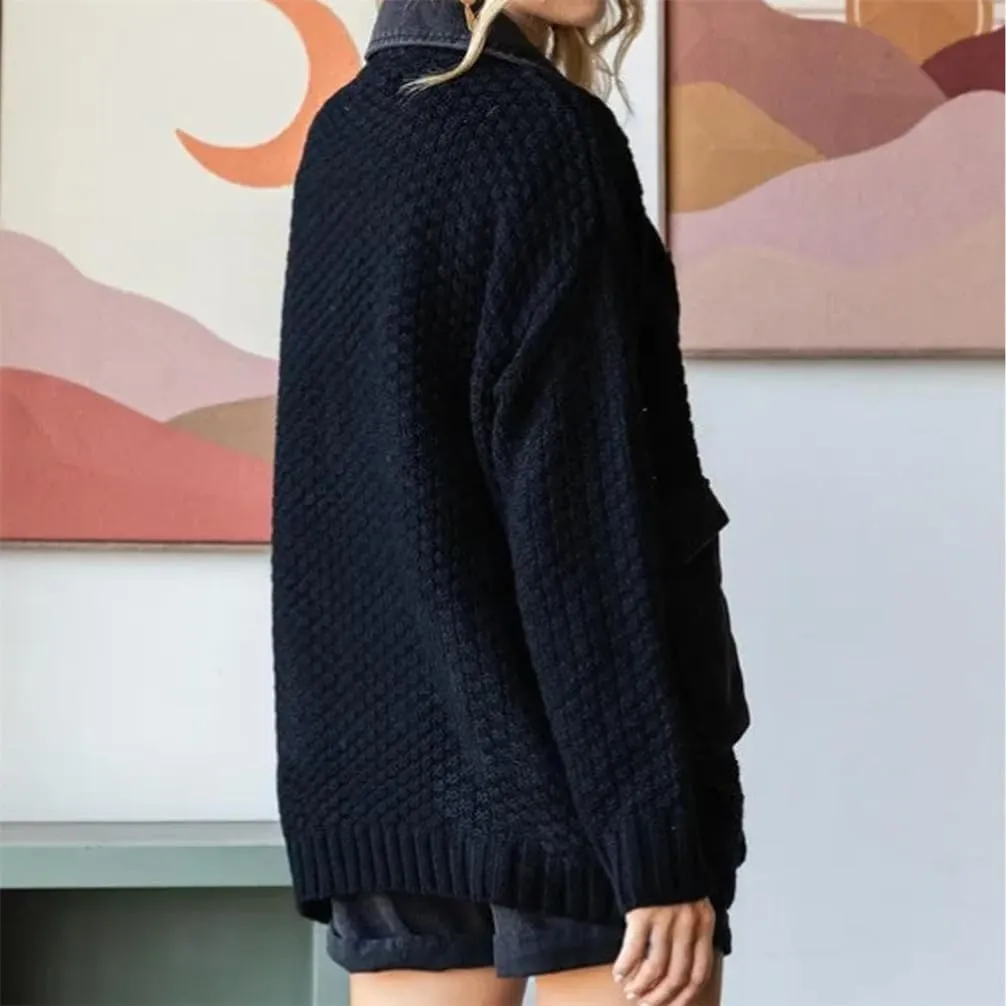 Dearlassie Denim Cardigan, Women's Loose Denim Sweater Knitted Cardigan, Chunky Knit with Pockets