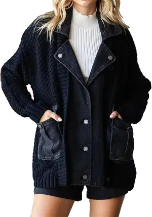 Dearlassie Denim Cardigan, Women's Loose Denim Sweater Knitted Cardigan, Chunky Knit with Pockets