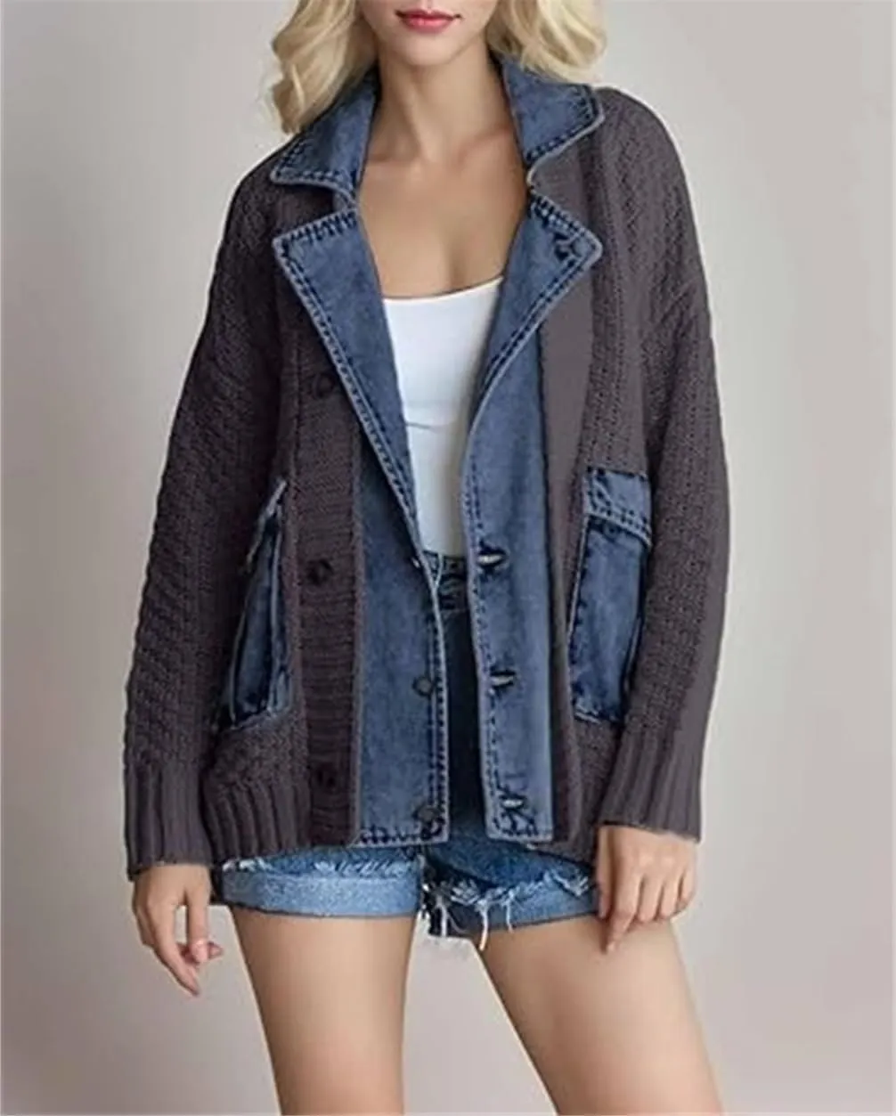 Dearlassie Denim Cardigan, Women's Loose Denim Sweater Knitted Cardigan, Chunky Knit with Pockets