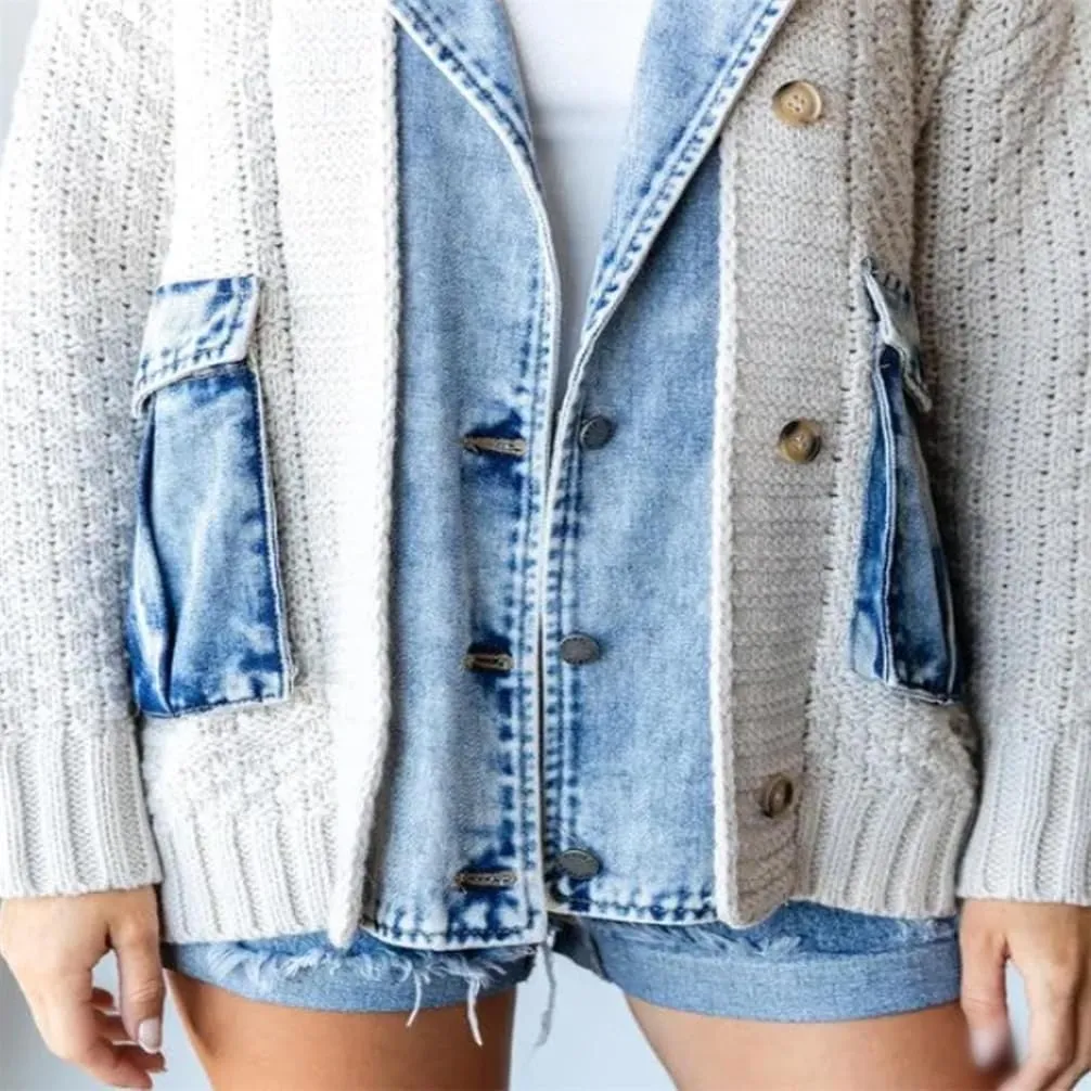 Dearlassie Denim Cardigan, Women's Loose Denim Sweater Knitted Cardigan, Chunky Knit with Pockets