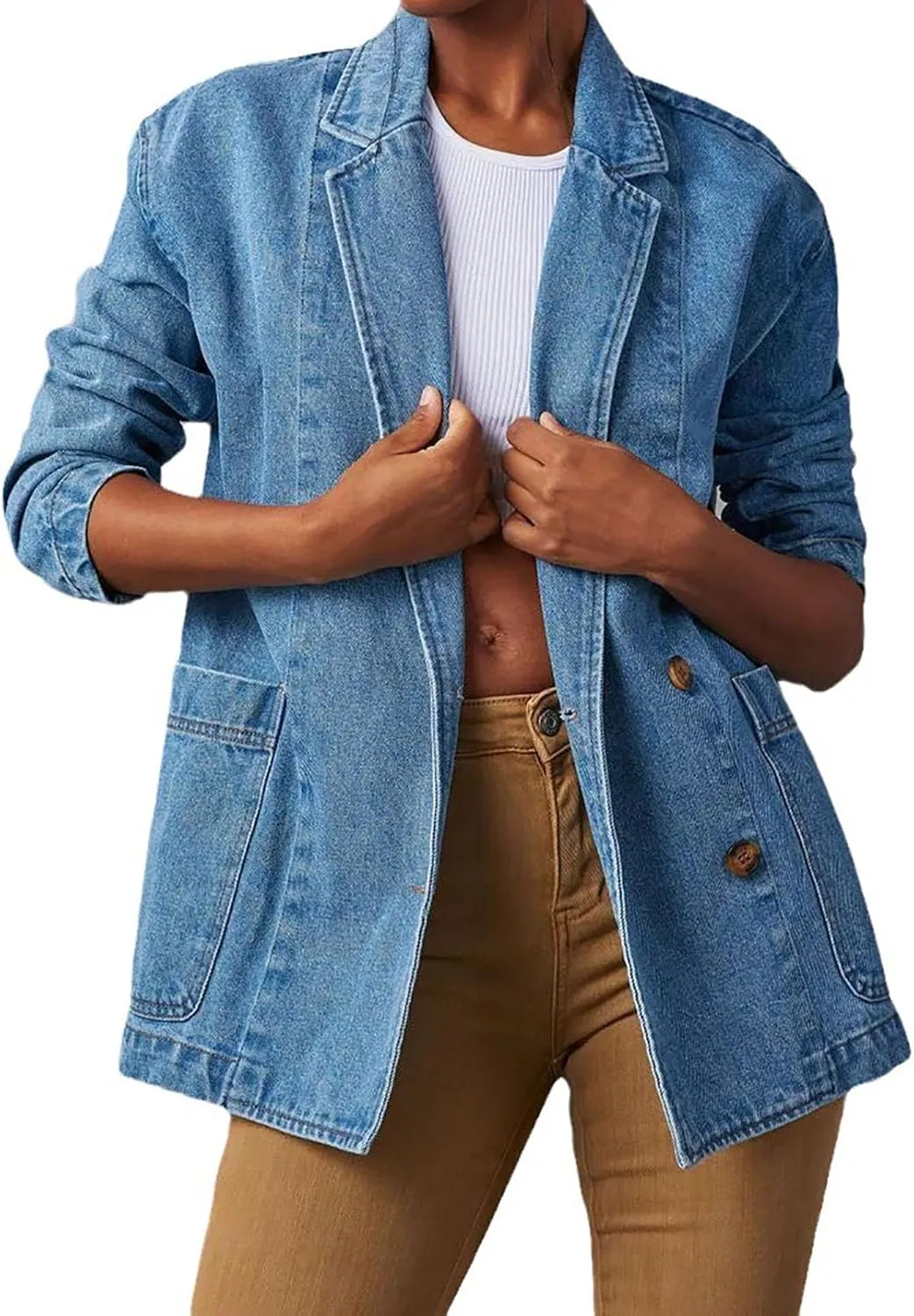 Denim Blazer, Women's Denim Jacket, Loose Business Casual Denim Jacket with a Notched Reversal Collar, Long Sleeves, Button Jeans Jacket, Light Vintage Transition Jacket 2025