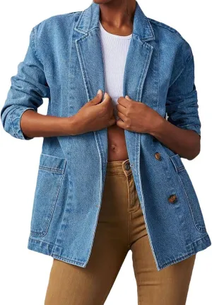 Denim Blazer, Women's Denim Jacket, Loose Business Casual Denim Jacket with a Notched Reversal Collar, Long Sleeves, Button Jeans Jacket, Light Vintage Transition Jacket 2025