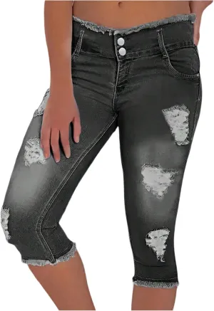 Denim Capris for Women Stretchy Low Rise Ripped Skinny Jeans Curvy Jeggings Distressed Denim Capri Leggings