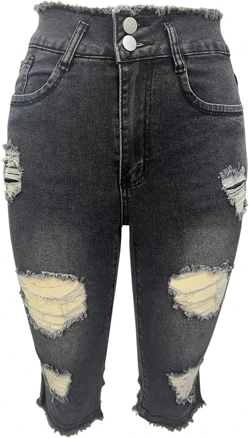 Denim Capris for Women Stretchy Low Rise Ripped Skinny Jeans Curvy Jeggings Distressed Denim Capri Leggings