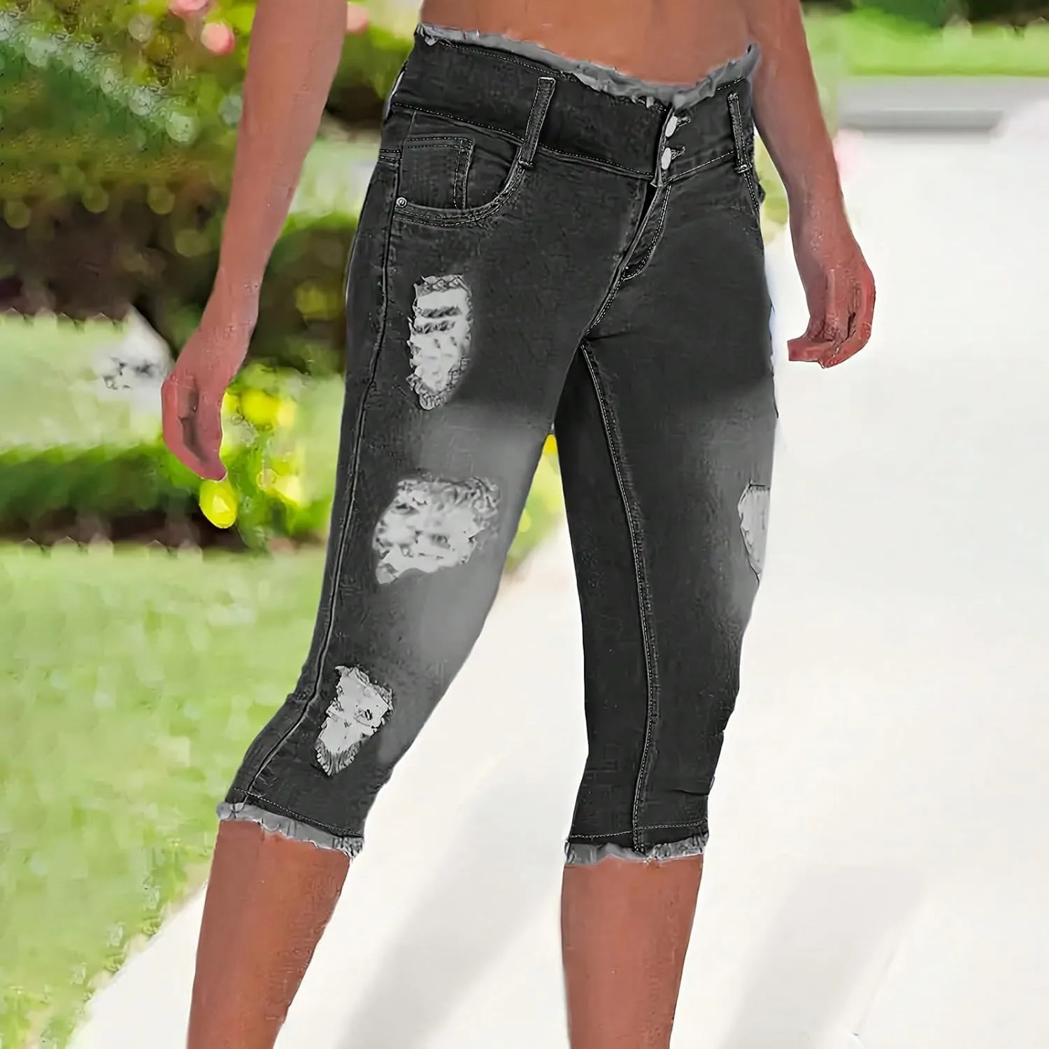Denim Capris for Women Stretchy Low Rise Ripped Skinny Jeans Curvy Jeggings Distressed Denim Capri Leggings