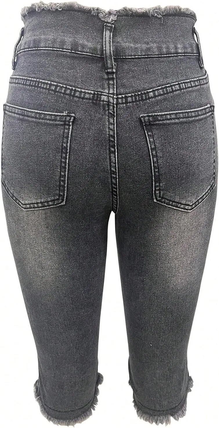 Denim Capris for Women Stretchy Low Rise Ripped Skinny Jeans Curvy Jeggings Distressed Denim Capri Leggings