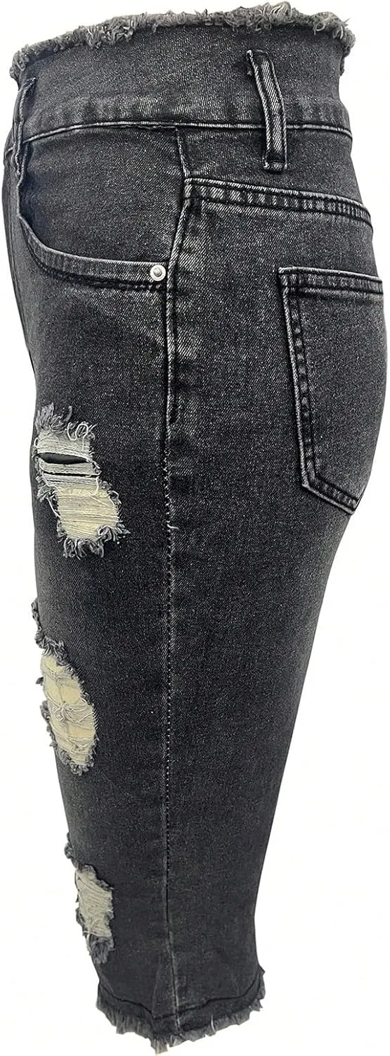 Denim Capris for Women Stretchy Low Rise Ripped Skinny Jeans Curvy Jeggings Distressed Denim Capri Leggings