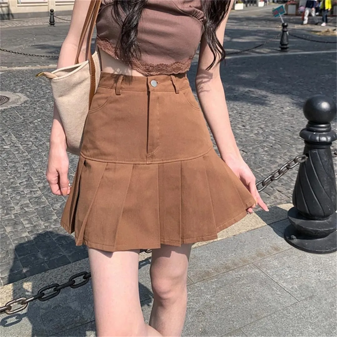 Denim Pleated Skirts Mini Solid Casual Woman Korean Style High Waist Skirt Denim Skirts
