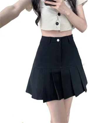 Denim Pleated Skirts Mini Solid Casual Woman Korean Style High Waist Skirt Denim Skirts