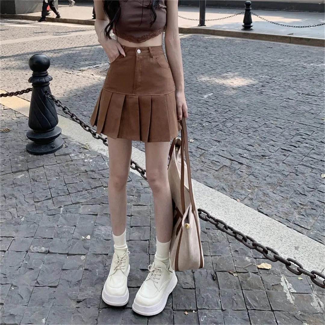 Denim Pleated Skirts Mini Solid Casual Woman Korean Style High Waist Skirt Denim Skirts
