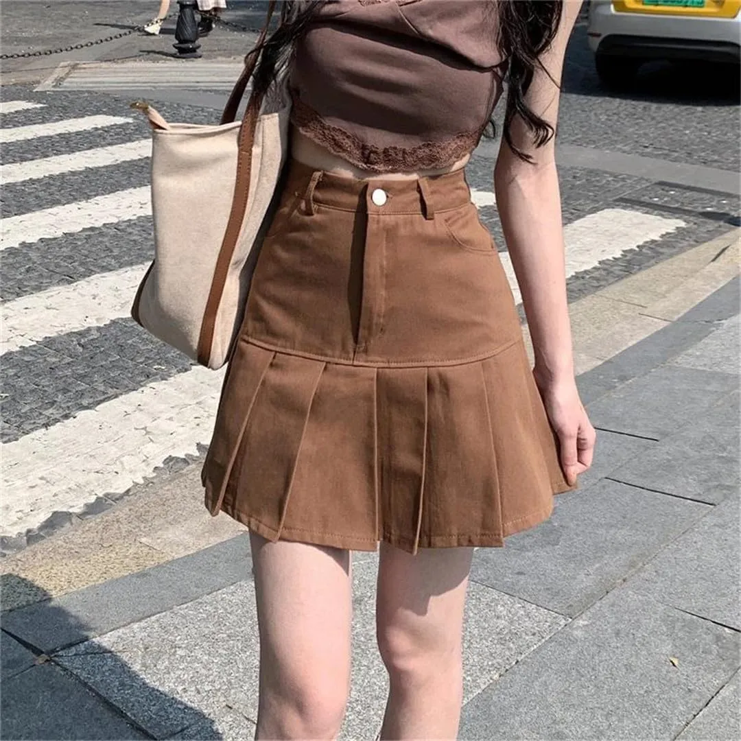 Denim Pleated Skirts Mini Solid Casual Woman Korean Style High Waist Skirt Denim Skirts