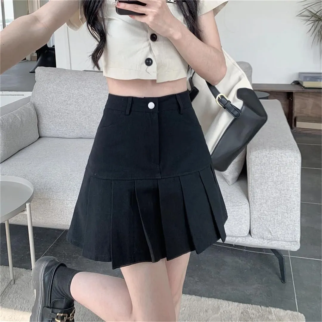 Denim Pleated Skirts Mini Solid Casual Woman Korean Style High Waist Skirt Denim Skirts