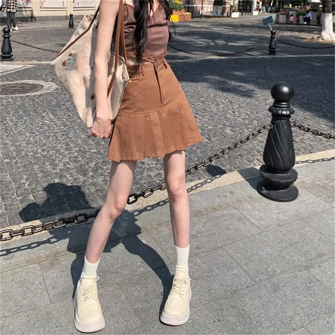 Denim Pleated Skirts Mini Solid Casual Woman Korean Style High Waist Skirt Denim Skirts
