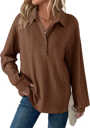 Dokotoo Long Sleeve Shirts for Women Button Cable Knit Womens Tops 2024 Casual Polo Shirts Fall Tops