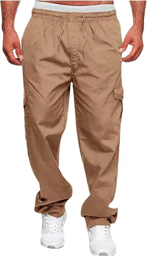 Dudubaby Linen Pants for Men Men's Overalls Drawstring Multi Pocket Casual Pants Hiking Pants Cotton Twill Pants