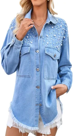 Dvbfufv Women's Loose Denim Shirt Spring Trendy Solid Color Denim Shirt with Pockets