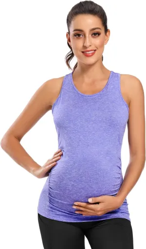 Ecavus Women's Maternity Tank Tops Seamless Racerback Sleeveless Workout Athletic Yoga Tops Pregnancy Shirt