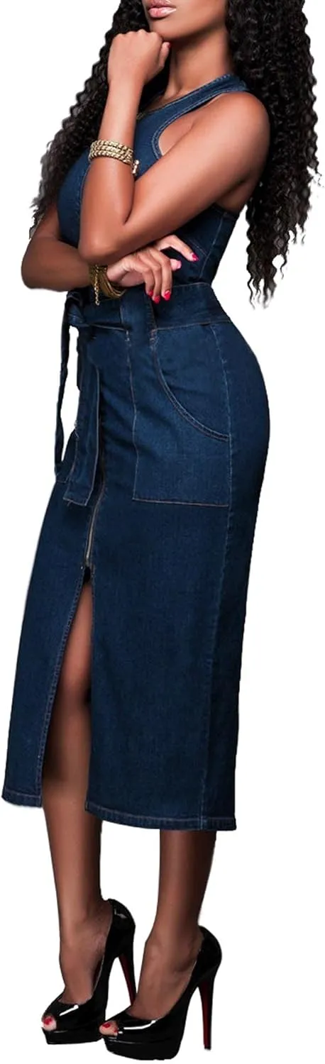 ECDAHICC Women's Sexy Jeans Dress Sleeveless Tank Denim Bodycon Dress Slit Belted Summer Blue Zipper Party Club Midi Dress