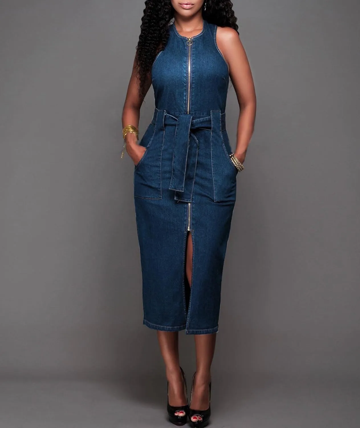 ECDAHICC Women's Sexy Jeans Dress Sleeveless Tank Denim Bodycon Dress Slit Belted Summer Blue Zipper Party Club Midi Dress
