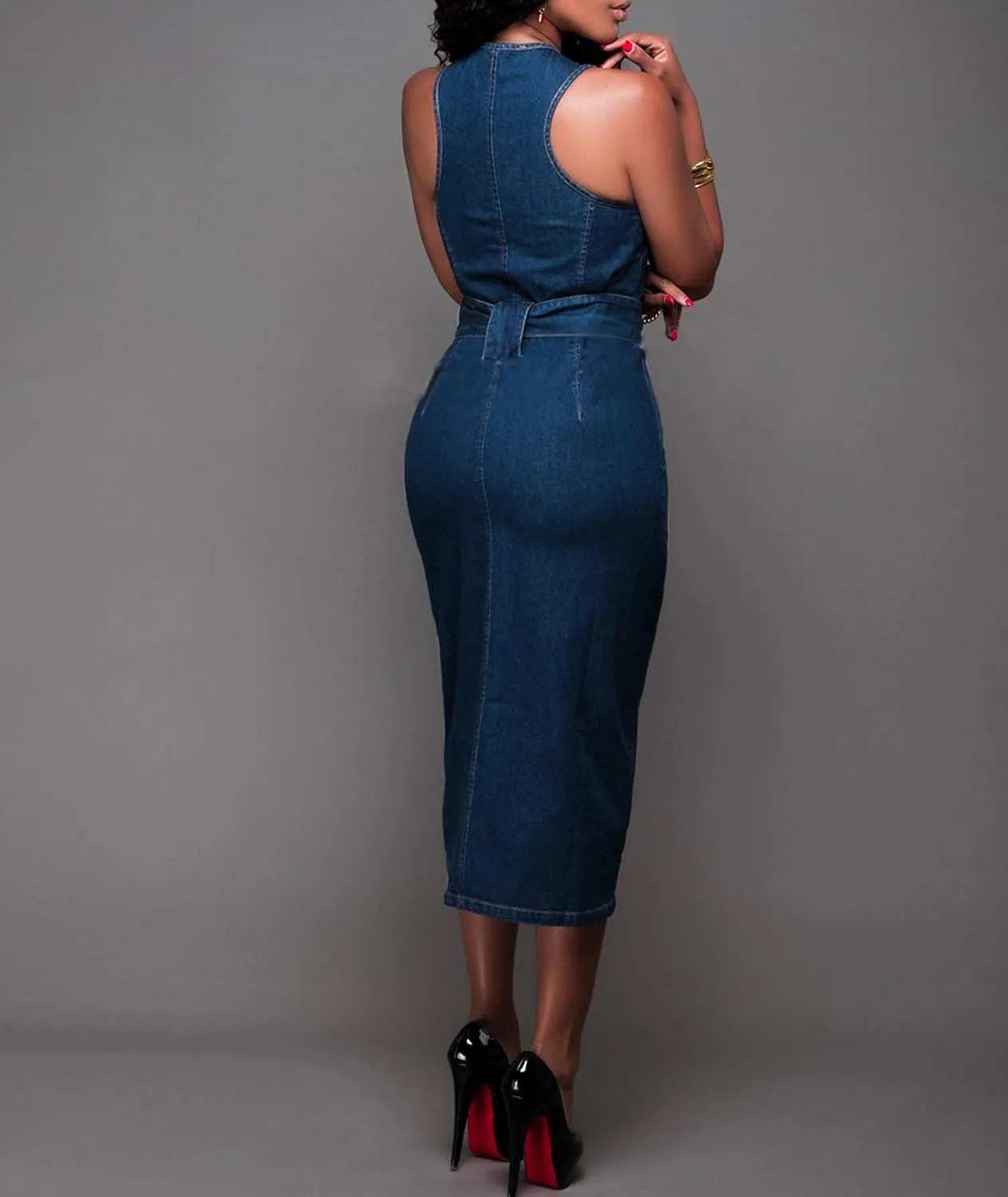 ECDAHICC Women's Sexy Jeans Dress Sleeveless Tank Denim Bodycon Dress Slit Belted Summer Blue Zipper Party Club Midi Dress