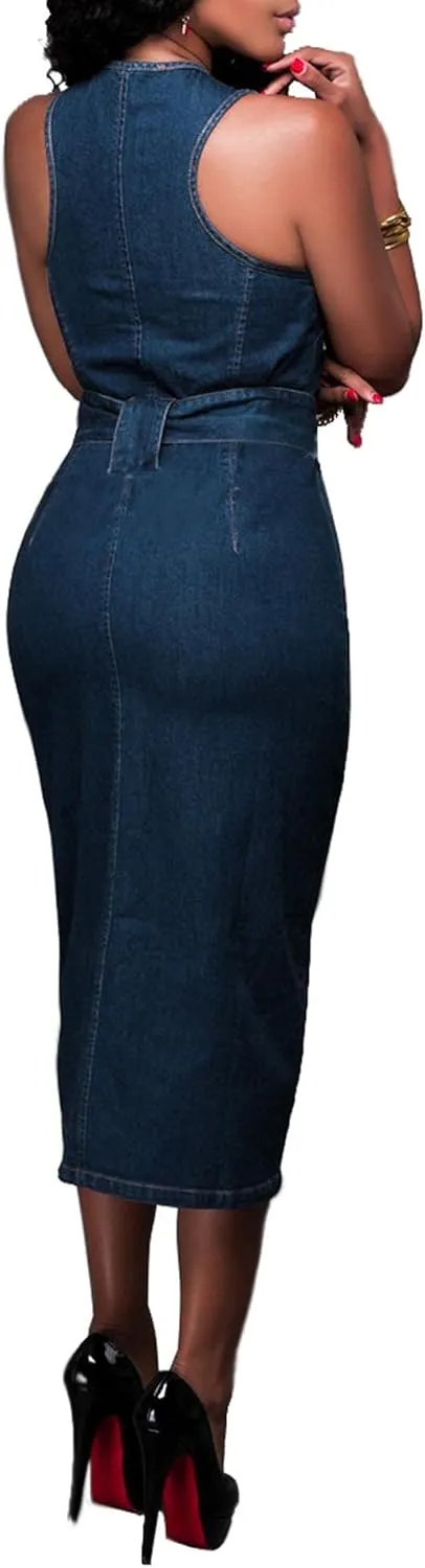 ECDAHICC Women's Sexy Jeans Dress Sleeveless Tank Denim Bodycon Dress Slit Belted Summer Blue Zipper Party Club Midi Dress
